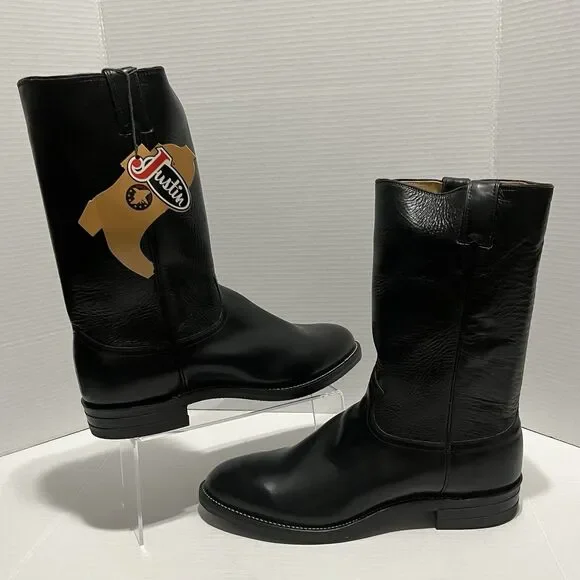 VINTAGE Justin 8462 Roper Black Calfskin Leather Cowboy Boots USA Mens 13D - NWT